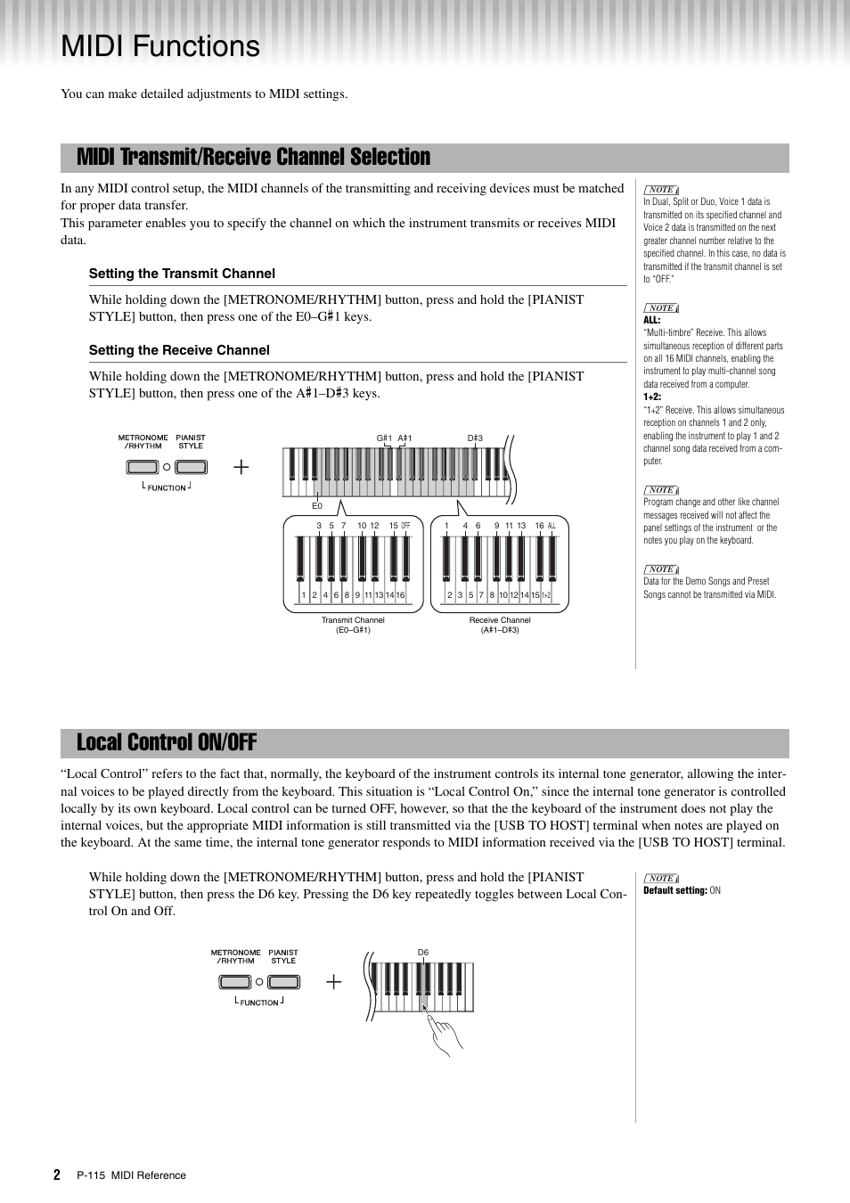 Midi functions, Midi transmit/receive channel selection, Local control on/off | Yamaha P-115 User Manual | Page 2 / 8