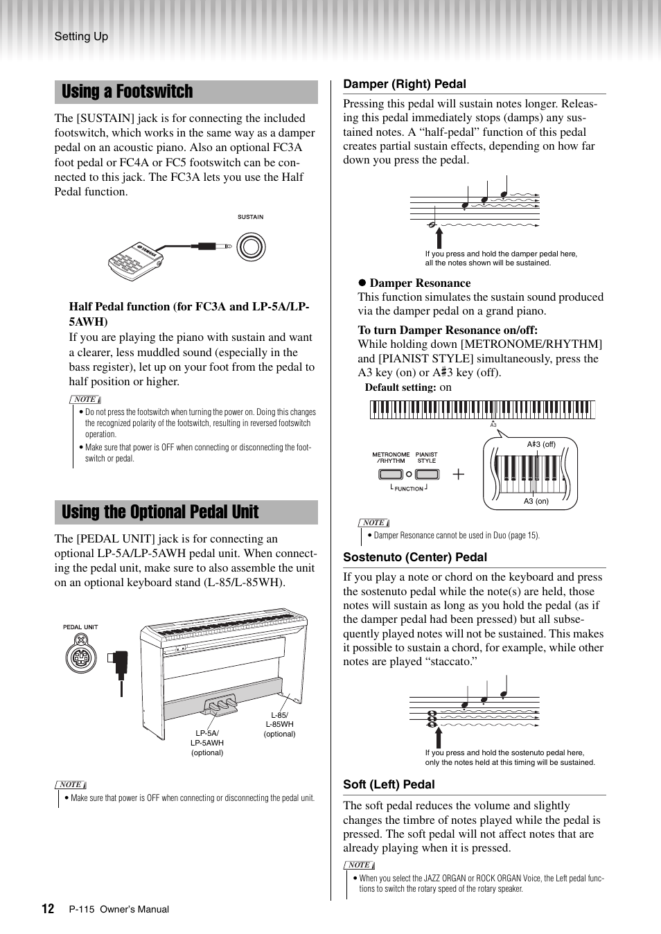 Using a footswitch, Using the optional pedal unit | Yamaha P-115 User Manual | Page 12 / 32