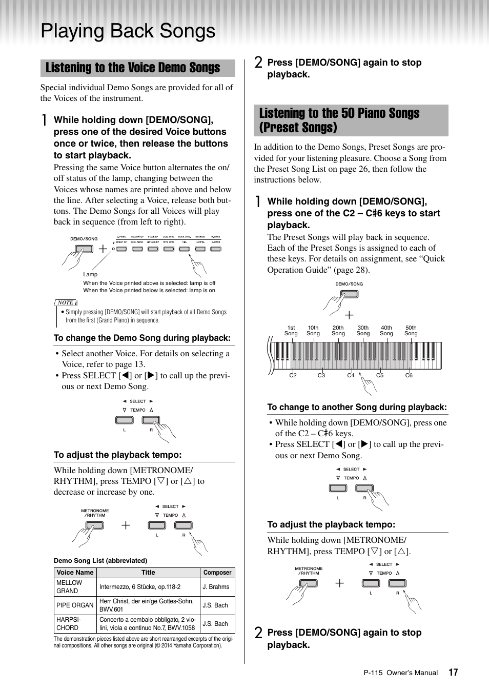 Playing back songs, Listening to the voice demo songs, Listening to the 50 piano songs (preset songs) | Listening to the 50 piano songs, Preset songs) | Yamaha P-115 User Manual | Page 17 / 32