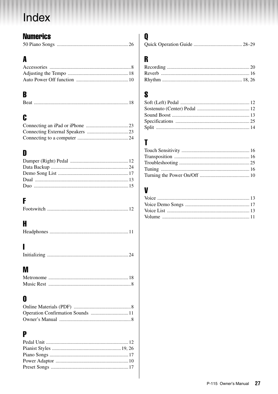 Index, Numerics | Yamaha P-115 User Manual | Page 27 / 32