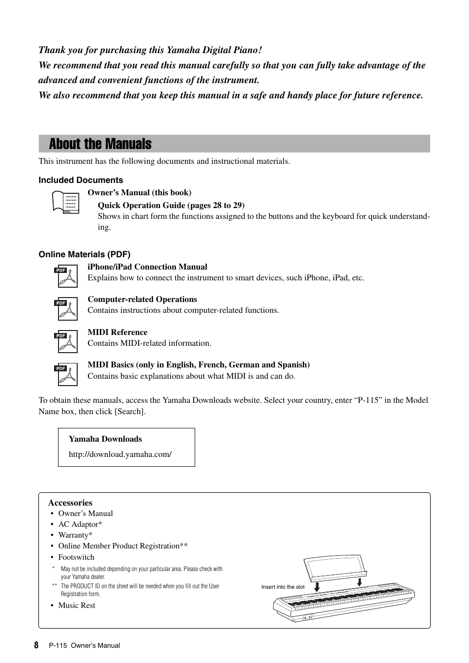 About the manuals, Accessories | Yamaha P-115 User Manual | Page 8 / 32