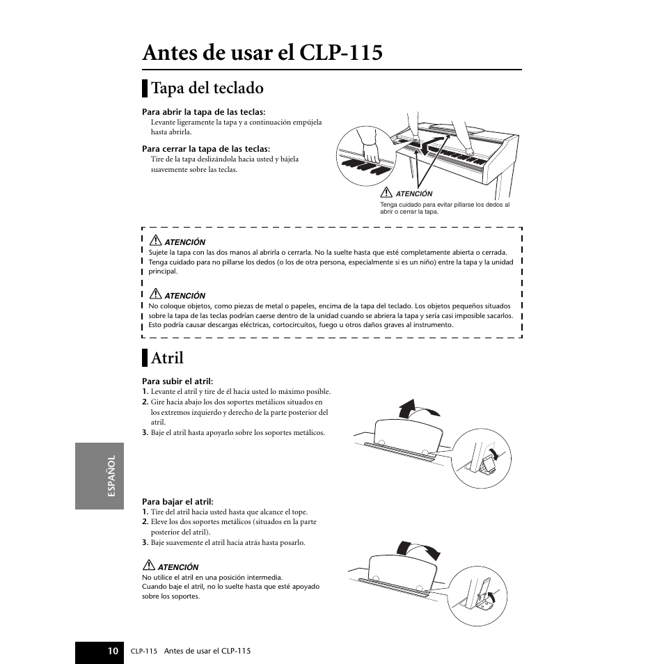 Antes de usar el clp-115, Tapa del teclado, Atril | Tapa del teclado atril | Yamaha P-115 User Manual | Page 10 / 46