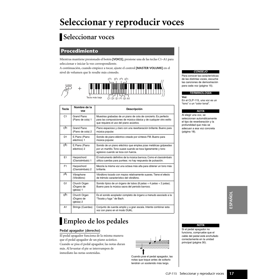 Seleccionar y reproducir voces, Seleccionar voces, Empleo de los pedales | Seleccionar voces empleo de los pedales, P17–19, Procedimiento, Esp añol 17 | Yamaha P-115 User Manual | Page 17 / 46