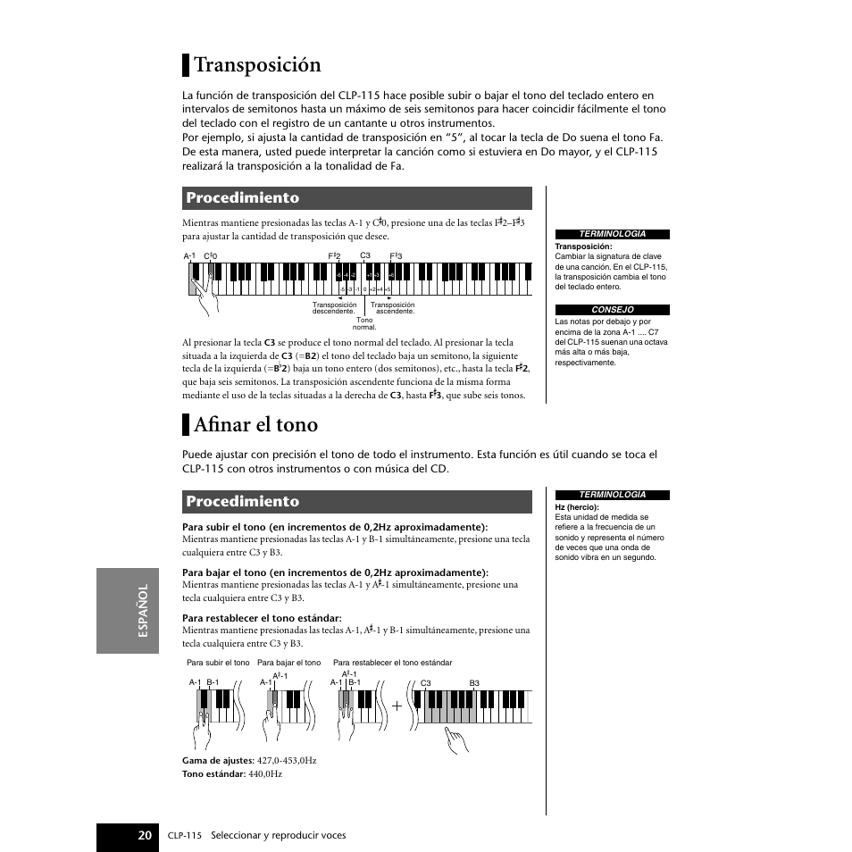 Transposición, Afinar el tono, Transposición afinar el tono | Procedimiento, Esp añol 20 | Yamaha P-115 User Manual | Page 20 / 46