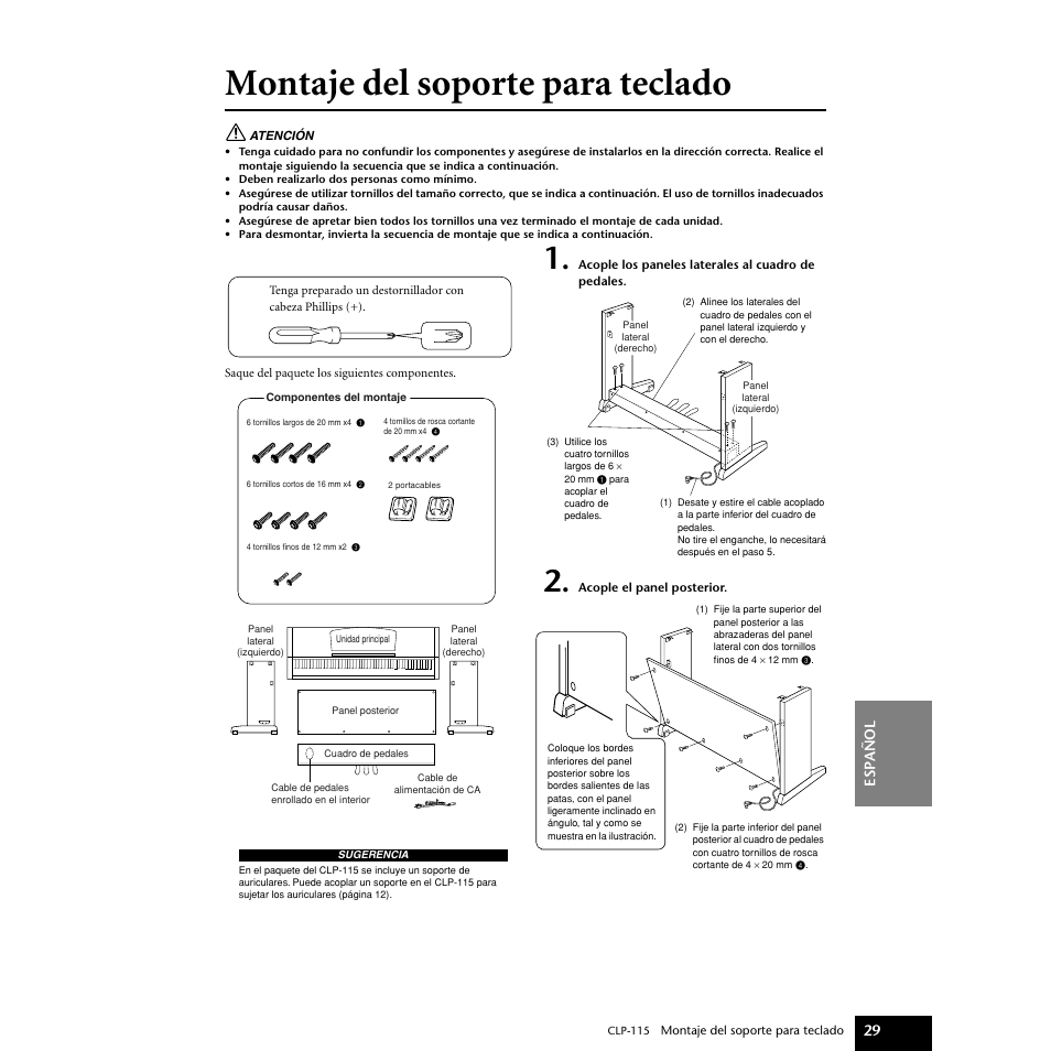 Montaje del soporte para teclado, As 29–31, 29 esp añol | Yamaha P-115 User Manual | Page 29 / 46