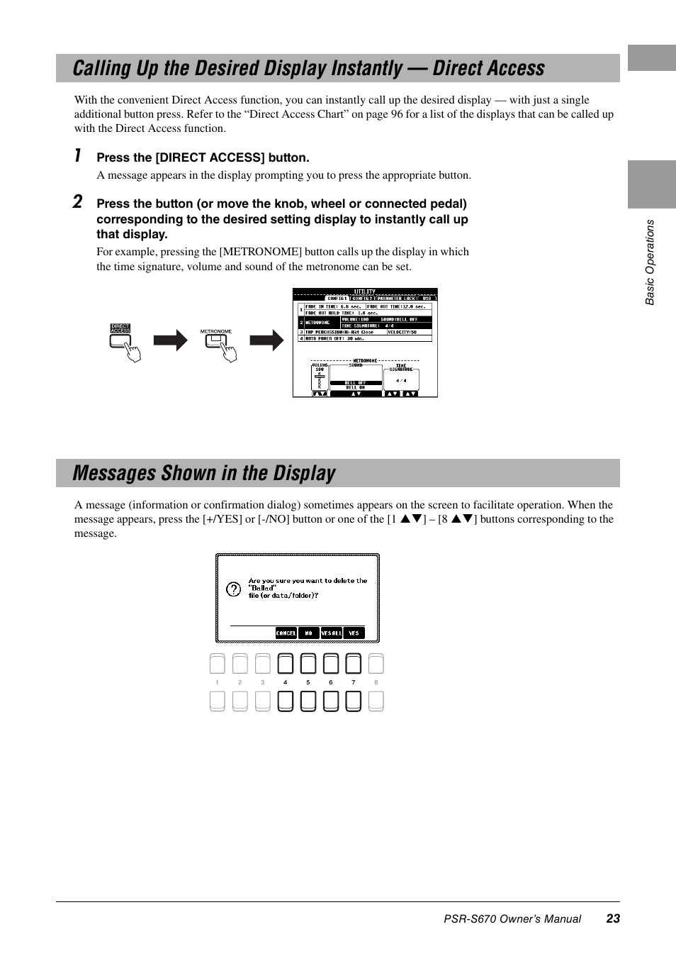 Messages shown in the display | Yamaha PSR-S670 User Manual | Page 23 / 108