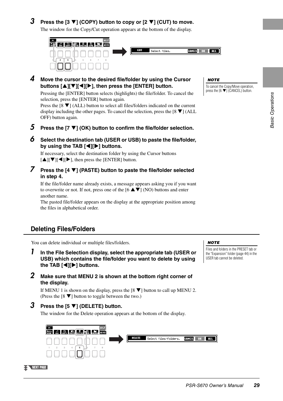 Deleting files/folders | Yamaha PSR-S670 User Manual | Page 29 / 108