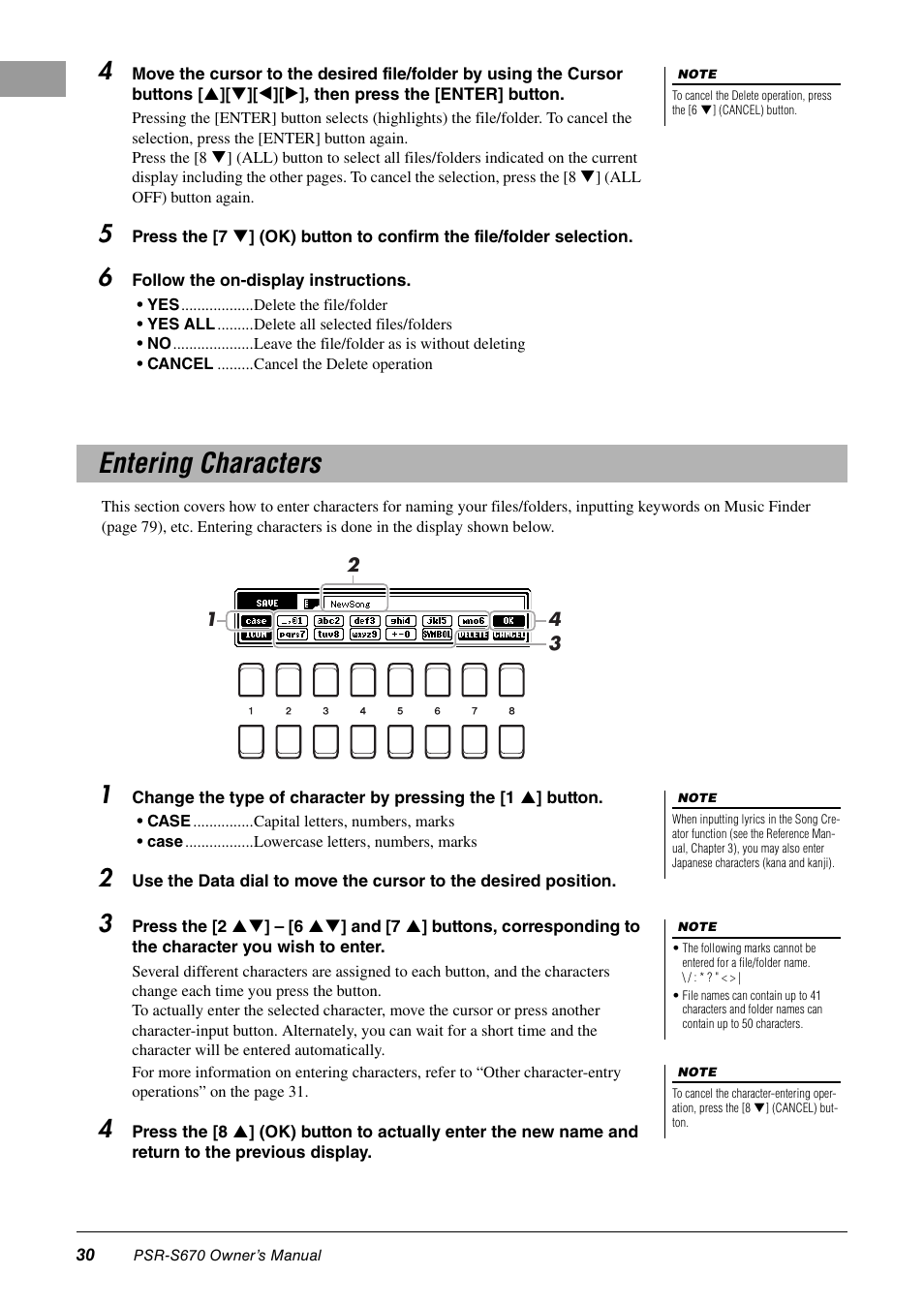 Entering characters | Yamaha PSR-S670 User Manual | Page 30 / 108