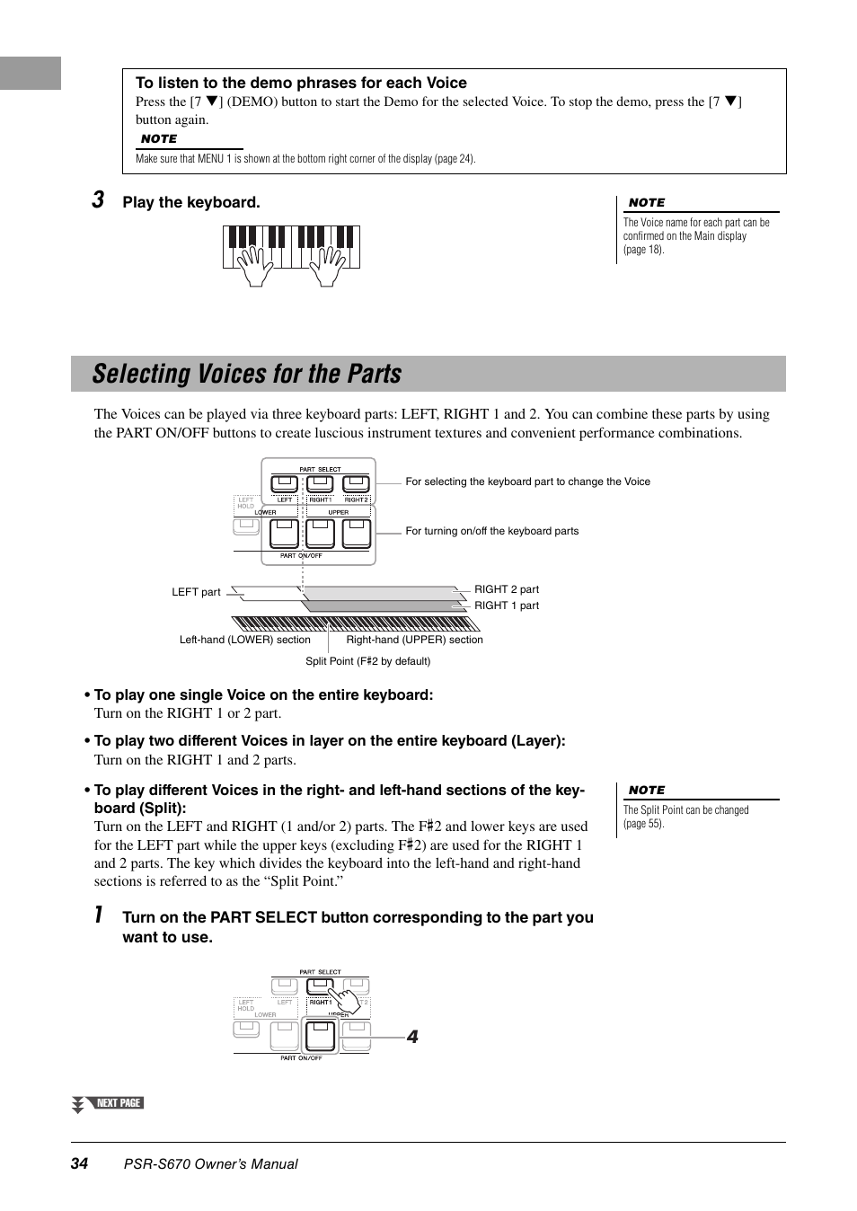 Selecting voices for the parts | Yamaha PSR-S670 User Manual | Page 34 / 108