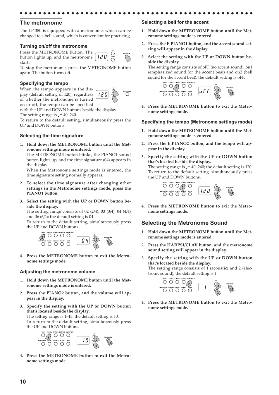 The metronome, Selecting the metronome sound | KORG LP-380-73 User Manual | Page 10 / 71