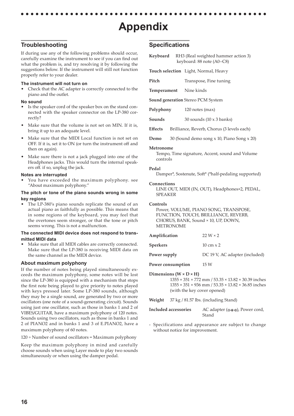 Appendix, Troubleshooting, Specifications | Troubleshooting specifications, Refer to “about maximum polyphony, Refer to “about maximum, 16 specifications | KORG LP-380-73 User Manual | Page 16 / 71