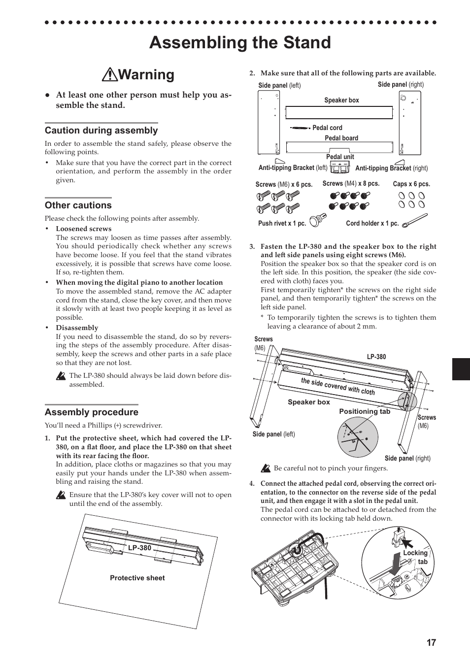 Assembling the stand, Caution during assembly, Other cautions | Assembly procedure, Warning | KORG LP-380-73 User Manual | Page 17 / 71