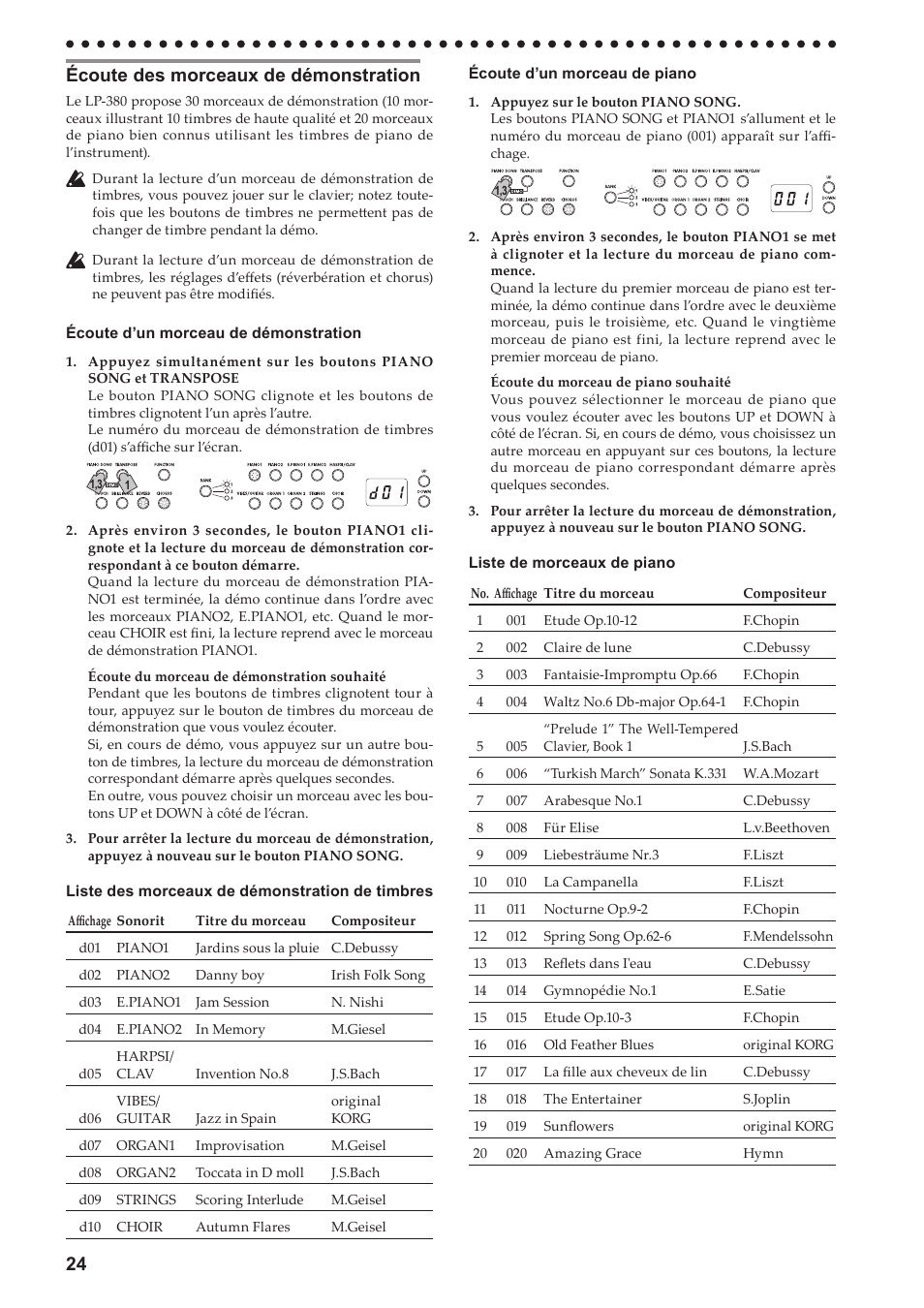 Écoute des morceaux de démonstration | KORG LP-380-73 User Manual | Page 24 / 71