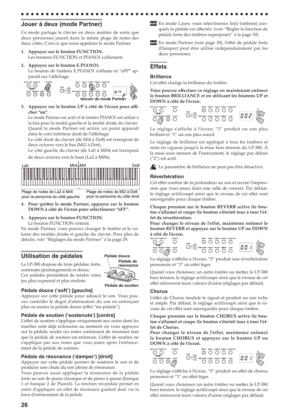 Jouer à deux (mode partner), Utilisation de pédales, Effets | KORG LP-380-73 User Manual | Page 26 / 71