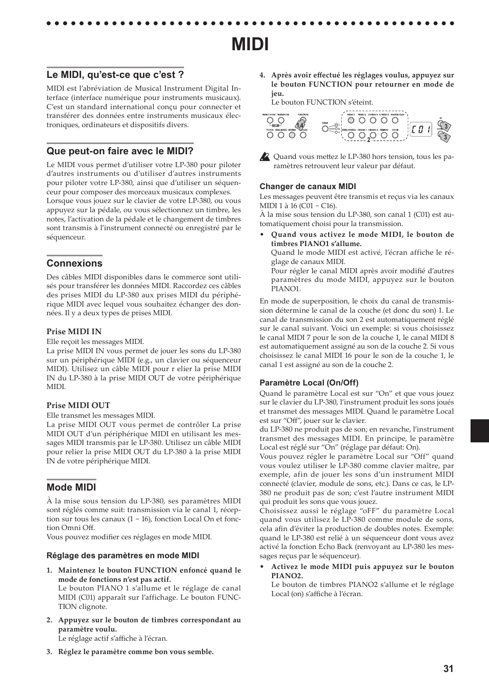 Midi, Le midi, qu’est-ce que c’est, Que peut-on faire avec le midi | Connexions, Mode midi, 31 le midi, qu’est-ce que c’est | KORG LP-380-73 User Manual | Page 31 / 71