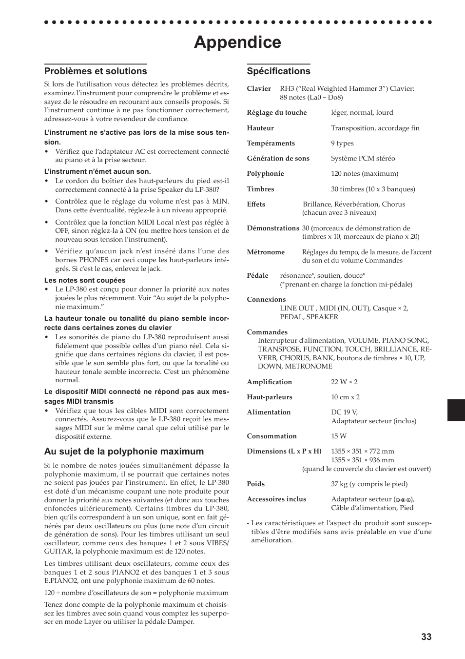 Appendice, Problèmes et solutions, Spécifications | Problèmes et solutions spécifications, Voir “au sujet de la polypho, 33 spécifications, Au sujet de la polyphonie maximum | KORG LP-380-73 User Manual | Page 33 / 71