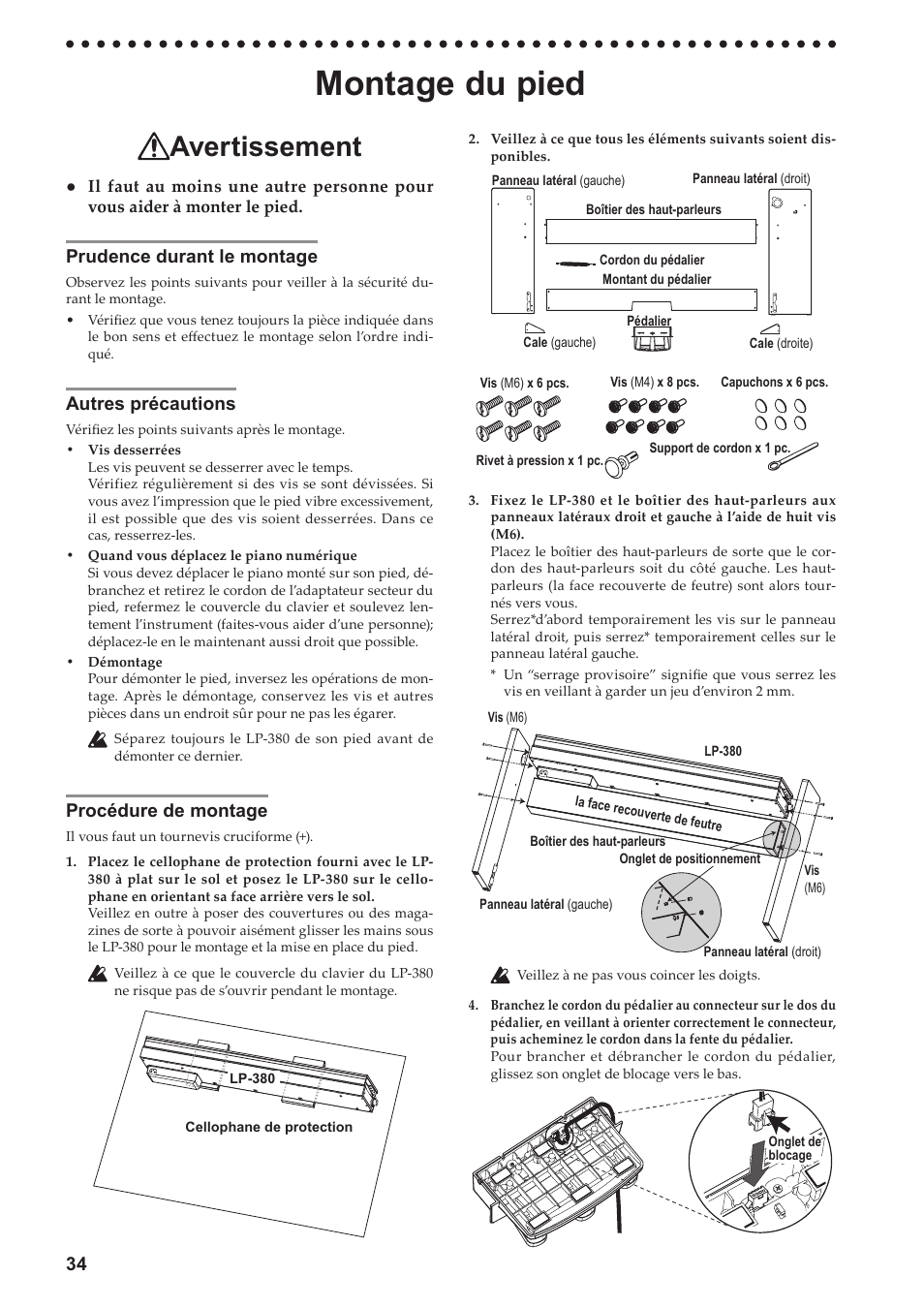 Montage du pied, Prudence durant le montage, Autres précautions | Procédure de montage, Avertissement | KORG LP-380-73 User Manual | Page 34 / 71