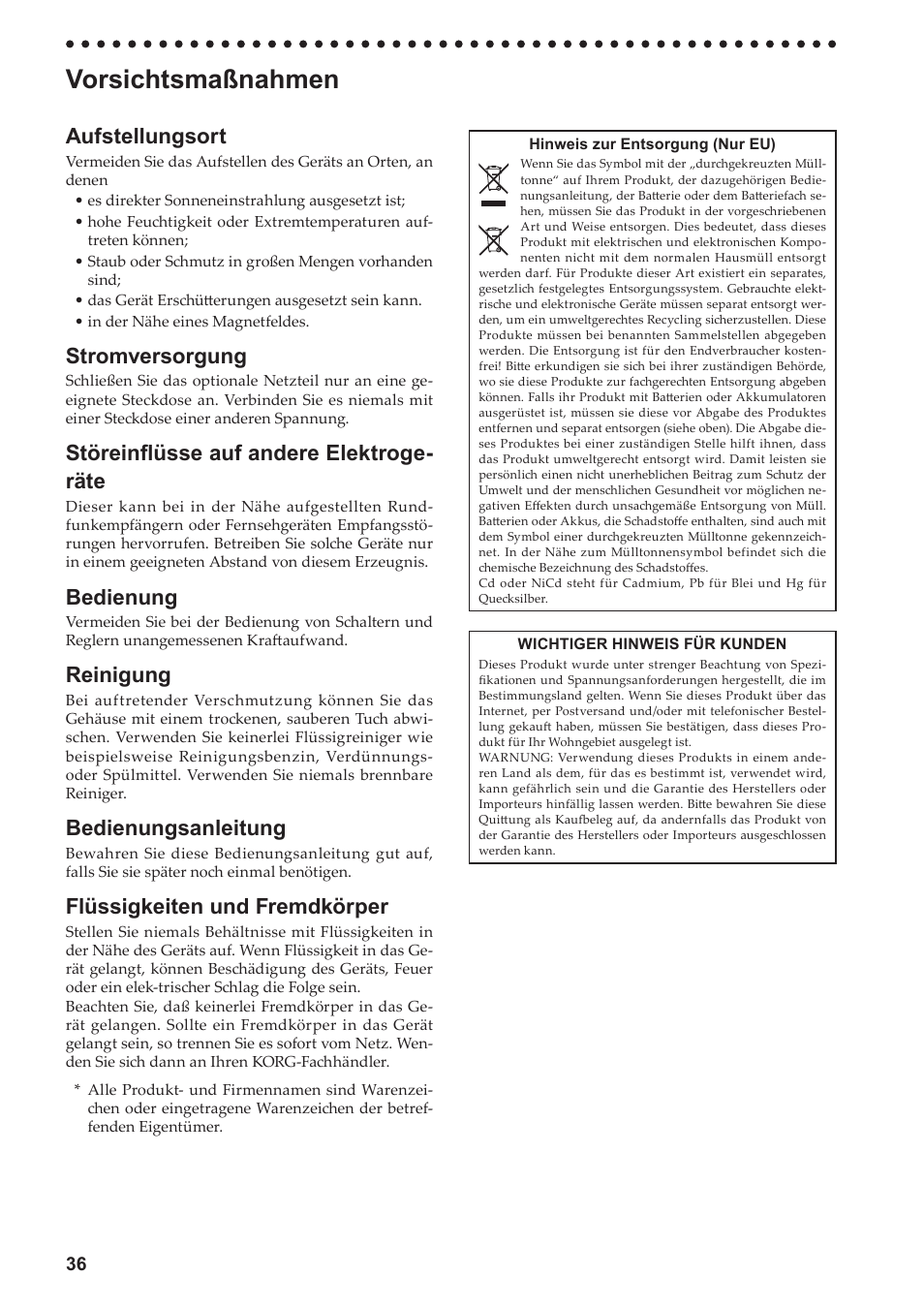 Deutsch, Vorsichtsmaßnahmen, Aufstellungsort | Stromversorgung, Störeinflüsse auf andere elektroge- räte, Bedienung, Reinigung, Bedienungsanleitung, Flüssigkeiten und fremdkörper | KORG LP-380-73 User Manual | Page 36 / 71