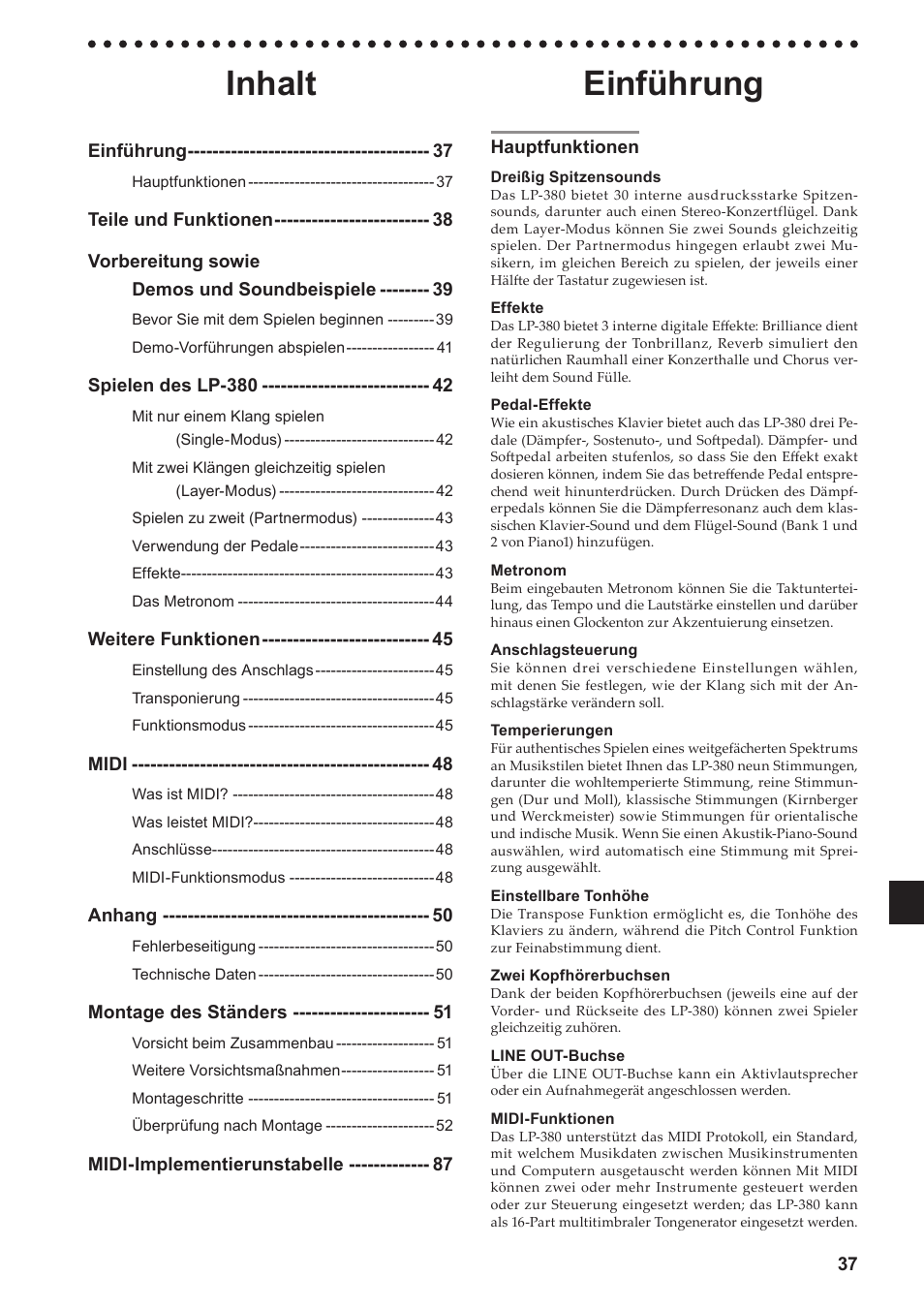 Einführung, Hauptfunktionen, Inhalt | KORG LP-380-73 User Manual | Page 37 / 71