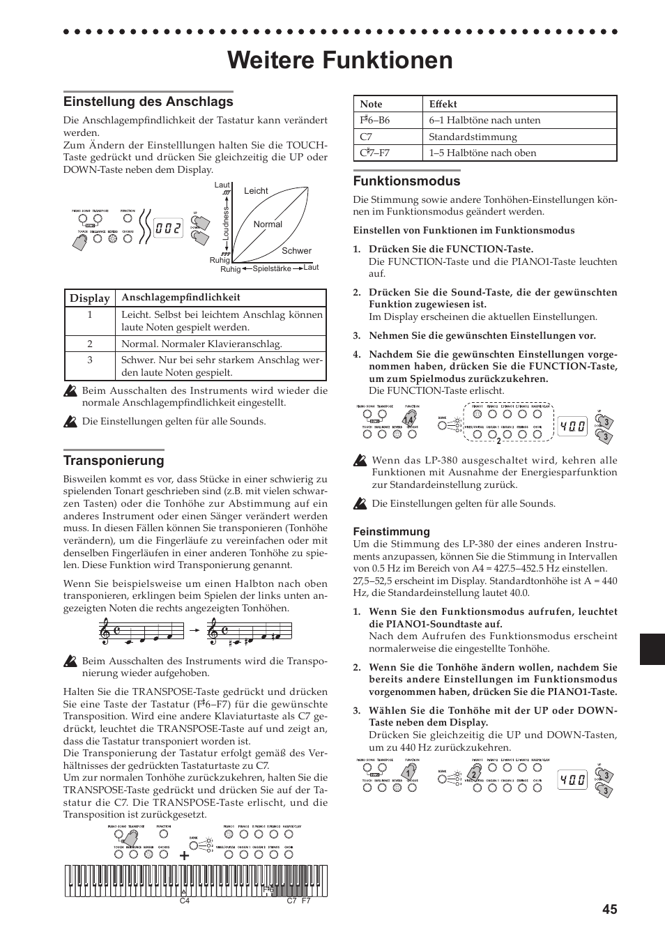 Weitere funktionen, Einstellung des anschlags, Transponierung | Funktionsmodus, N (siehe auch „funktionsmodus“ auf seite 45) | KORG LP-380-73 User Manual | Page 45 / 71