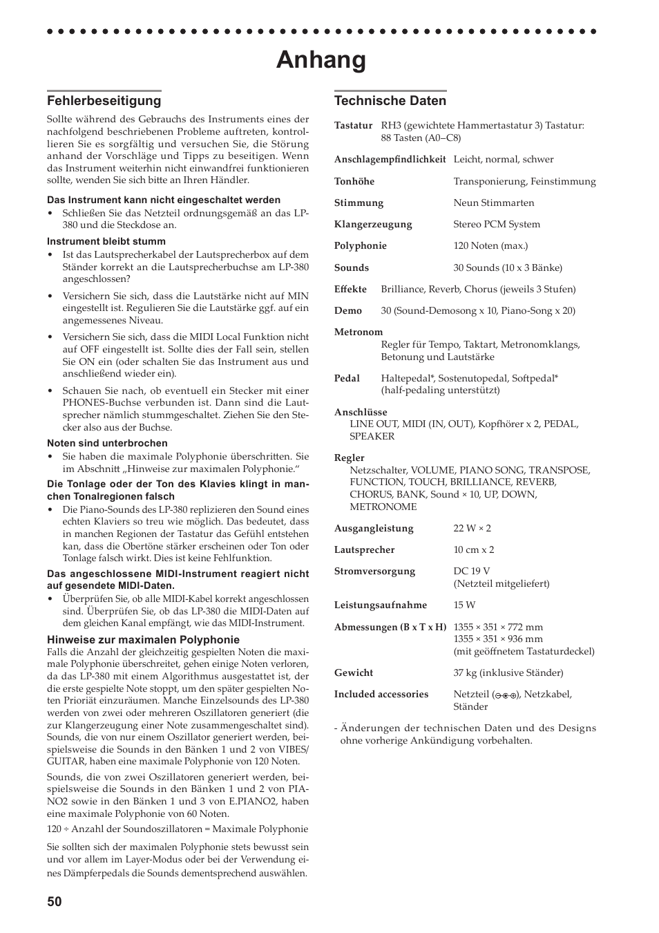 Anhang, Fehlerbeseitigung, Technische daten | Fehlerbeseitigung technische-daten, Siehe auch „hinweise zur maximalen poly, Phonie“ auf seite 50, Siehe auch, Hinweise zur maximalen polyphonie“ auf seite 50, 50 fehlerbeseitigung | KORG LP-380-73 User Manual | Page 50 / 71