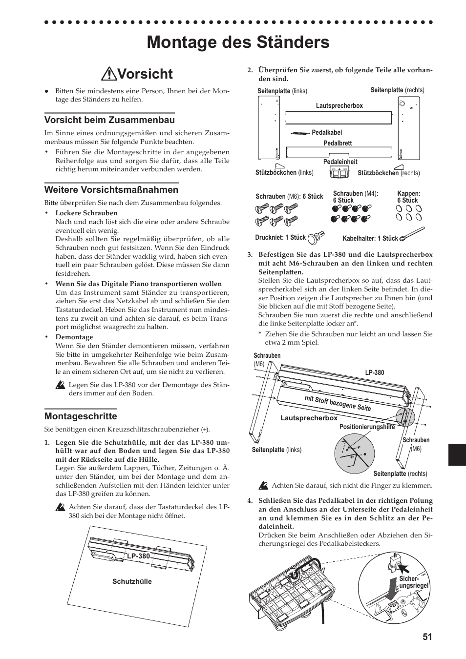 Montage des ständers, Vorsicht beim zusammenbau, Weitere vorsichtsmaßnahmen | Montageschritte, Vorsicht | KORG LP-380-73 User Manual | Page 51 / 71