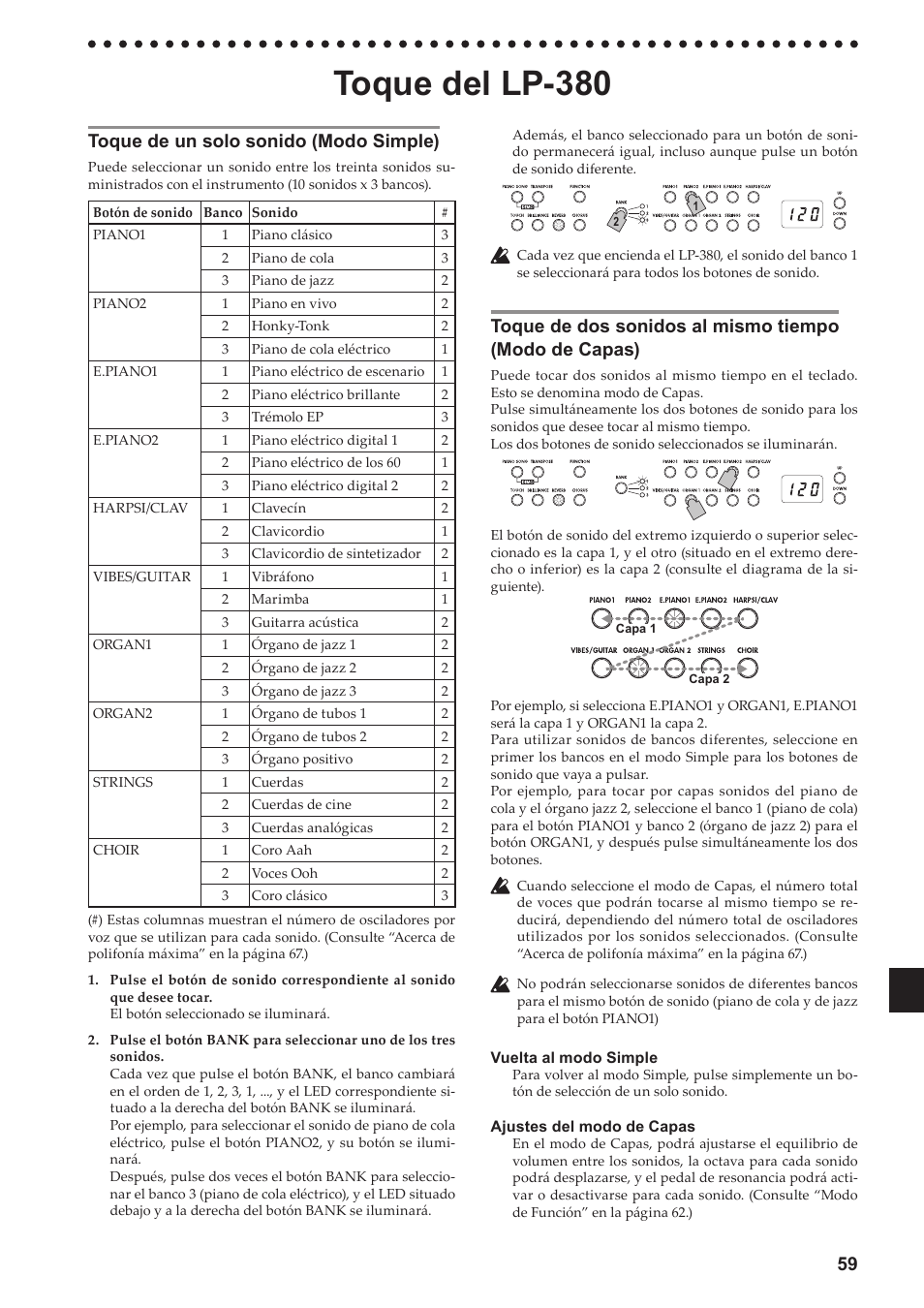 Toque del lp-380, Toque de un solo sonido (modo simple), Mismo tiempo (modo de capas) | 59 toque de un solo sonido (modo simple) | KORG LP-380-73 User Manual | Page 59 / 71