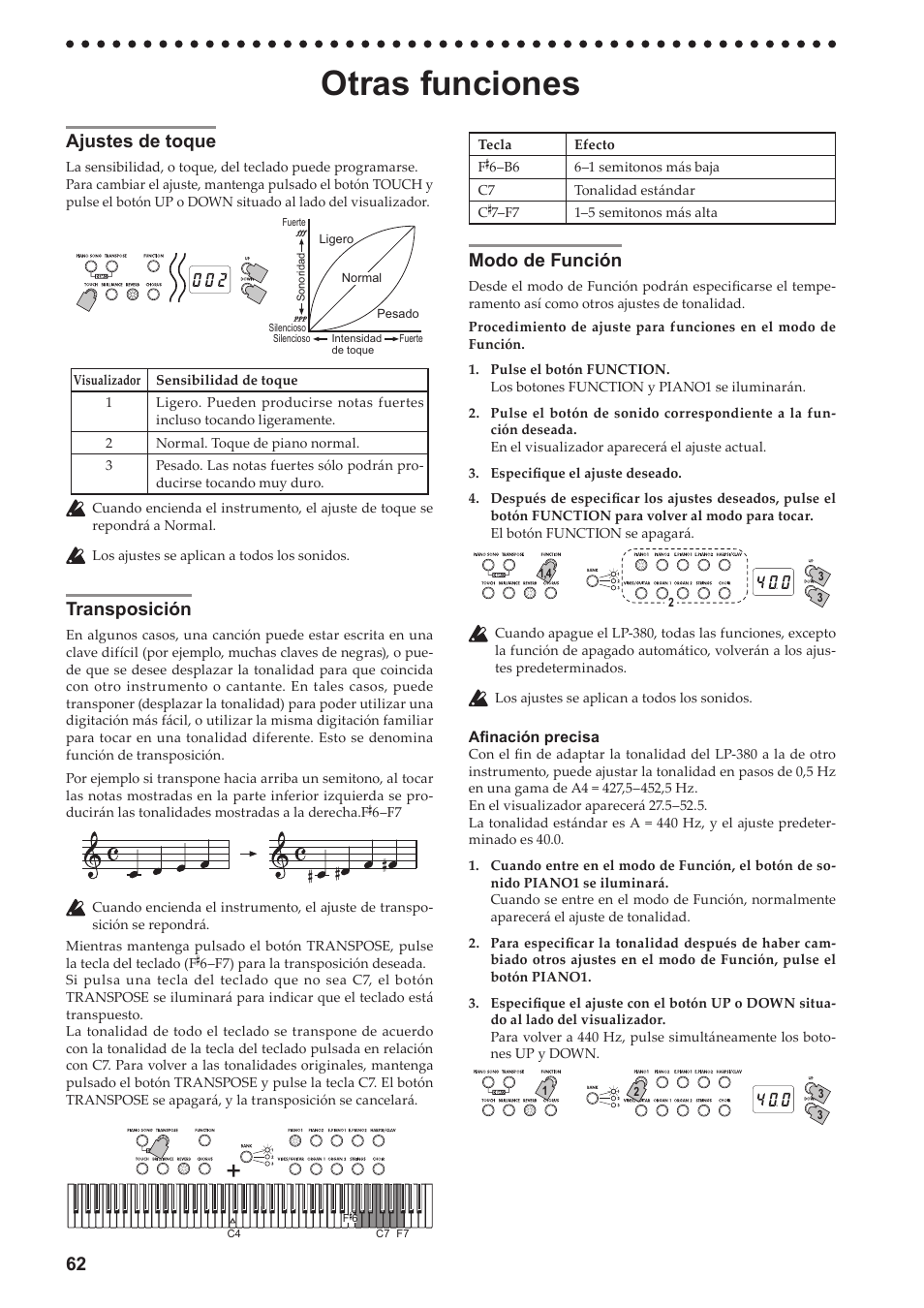 Otras funciones, Ajustes de toque, Transposición | Modo de función, Ajustes de toque transposición modo de función, Consulte “modo, 62 ajustes de toque | KORG LP-380-73 User Manual | Page 62 / 71