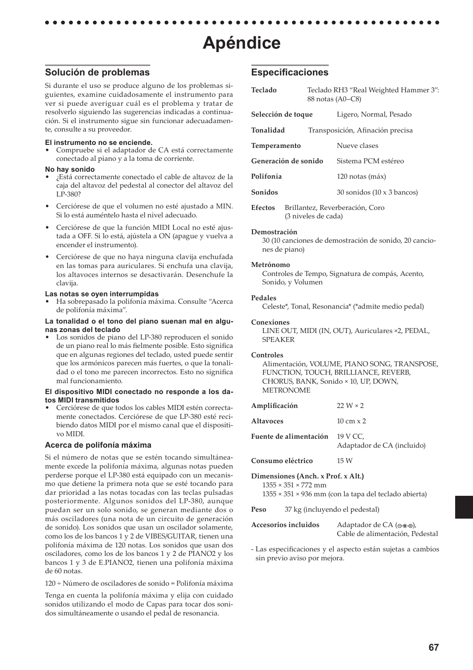 Apéndice, Solución de problemas, Especificaciones | Solución de problemas especificaciones, Consulte “acerca de, Consulte, 67 especificaciones | KORG LP-380-73 User Manual | Page 67 / 71