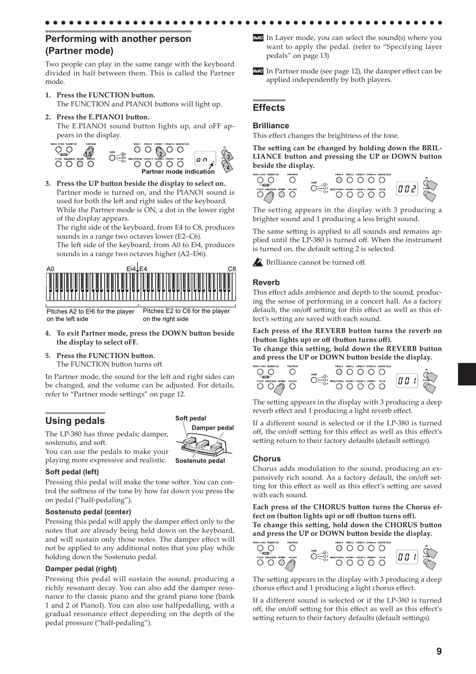 Performing with another person (partner mode), Using pedals, Effects | Performing with another person, Partner mode), Using pedals effects | KORG LP-380-73 User Manual | Page 9 / 71