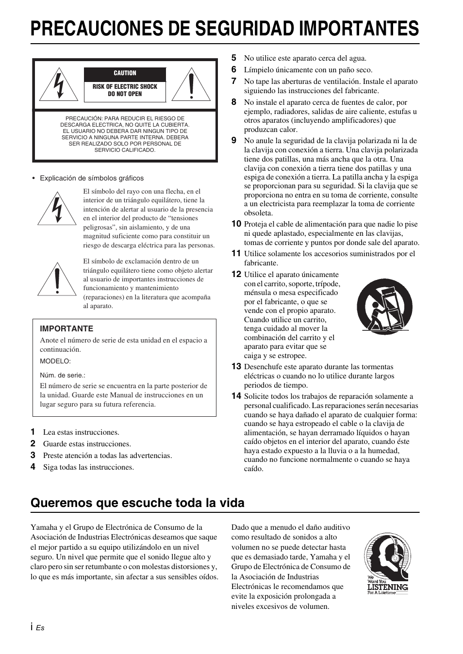 Precauciones de seguridad importantes, Queremos que escuche toda la vida | Yamaha NS-SW050 User Manual | Page 22 / 32