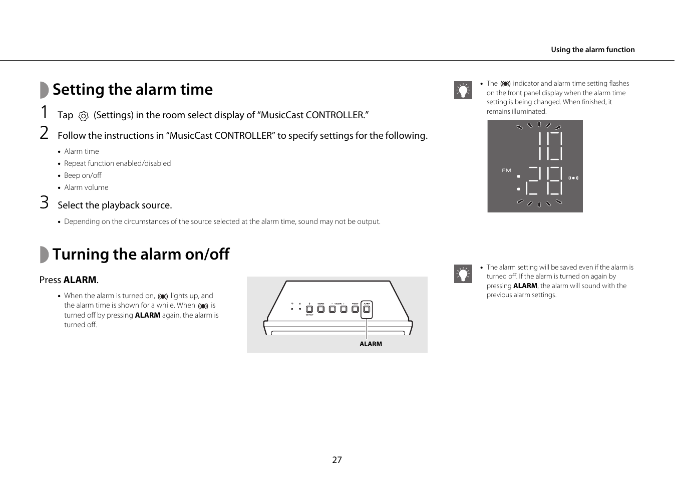 Setting the alarm time, Turning the alarm on/off, M (  p.27) | Yamaha ISX-18 User Manual | Page 31 / 47