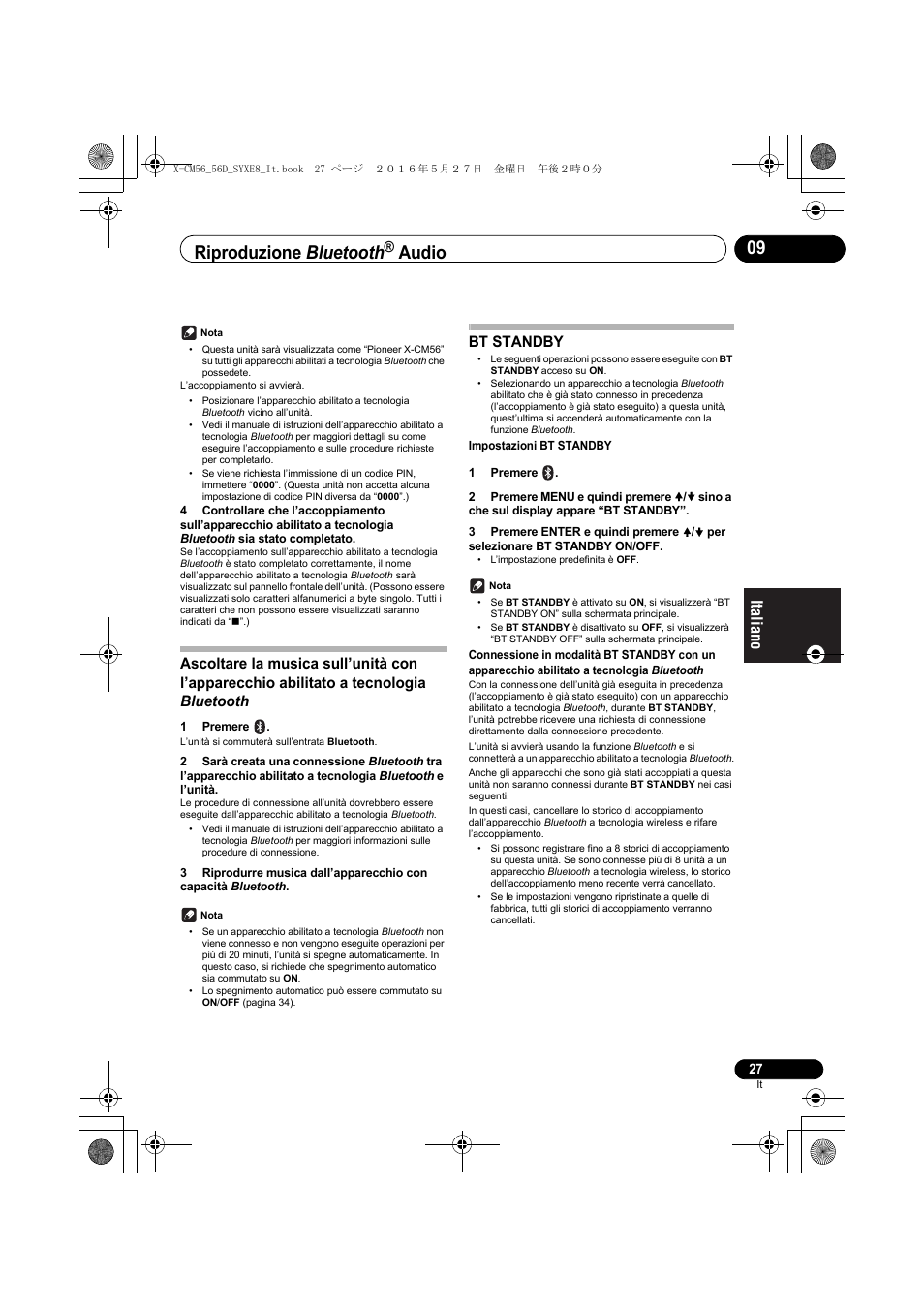 Riproduzione bluetooth, Audio, Bt standby | Pioneer X-CM56 User Manual | Page 129 / 244