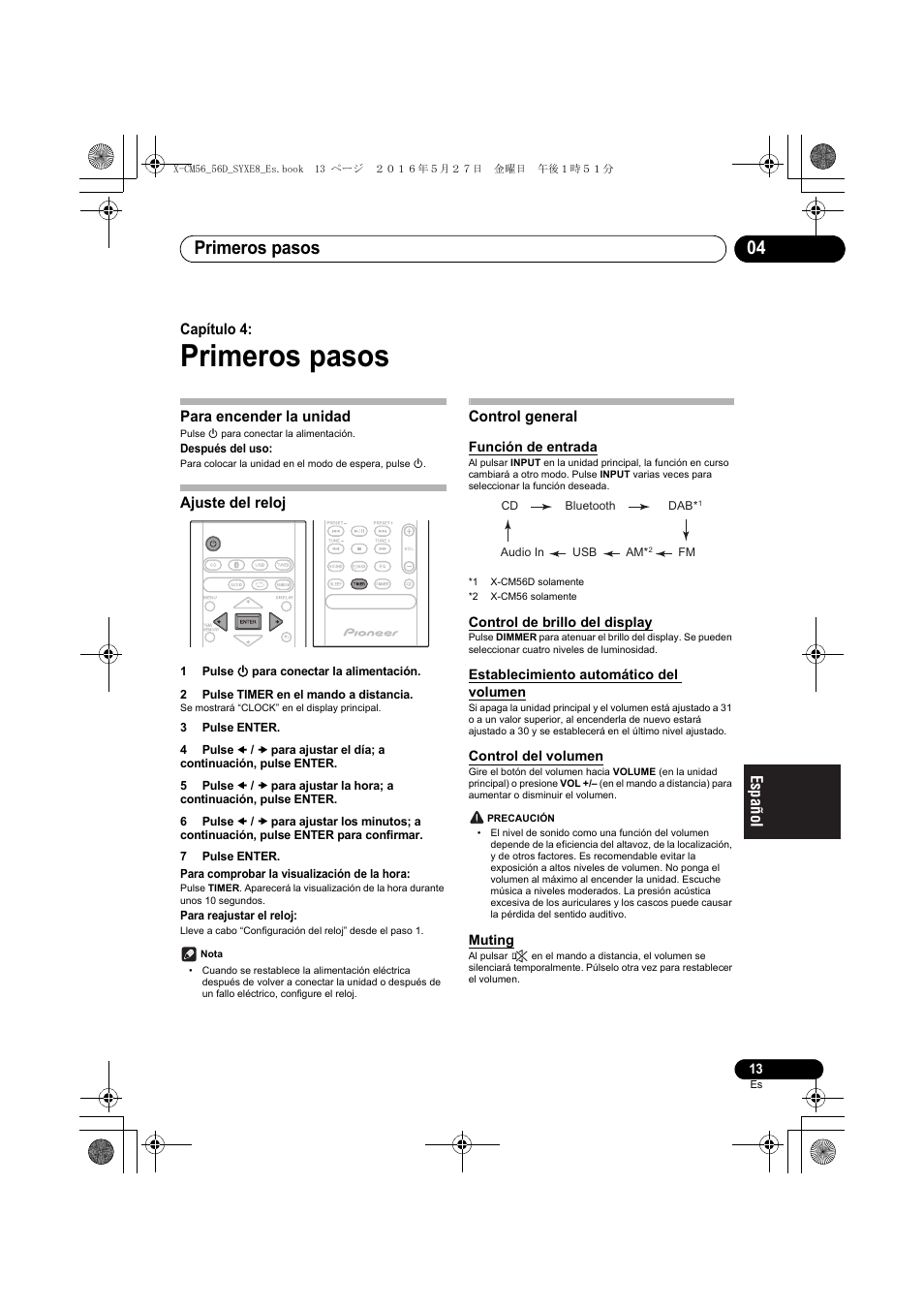 Primeros pasos, Primeros pasos 04, Capítulo 4 | Para encender la unidad, Ajuste del reloj, Control general | Pioneer X-CM56 User Manual | Page 183 / 244