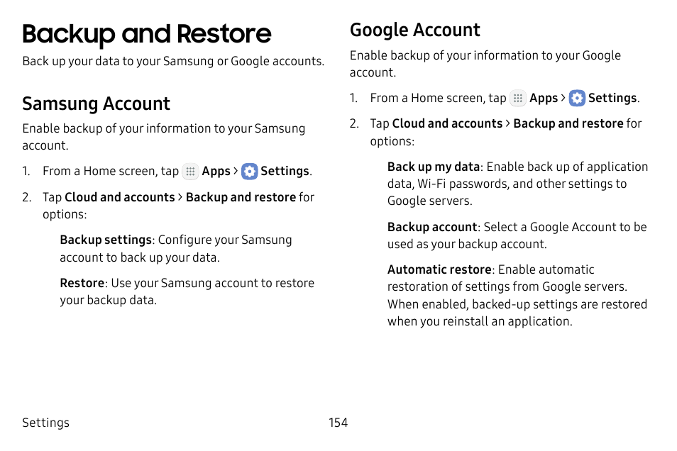 Backup and restore, Samsung account, Google account | Samsung Galaxy Tab S3 (SM-T825) User Manual | Page 159 / 177