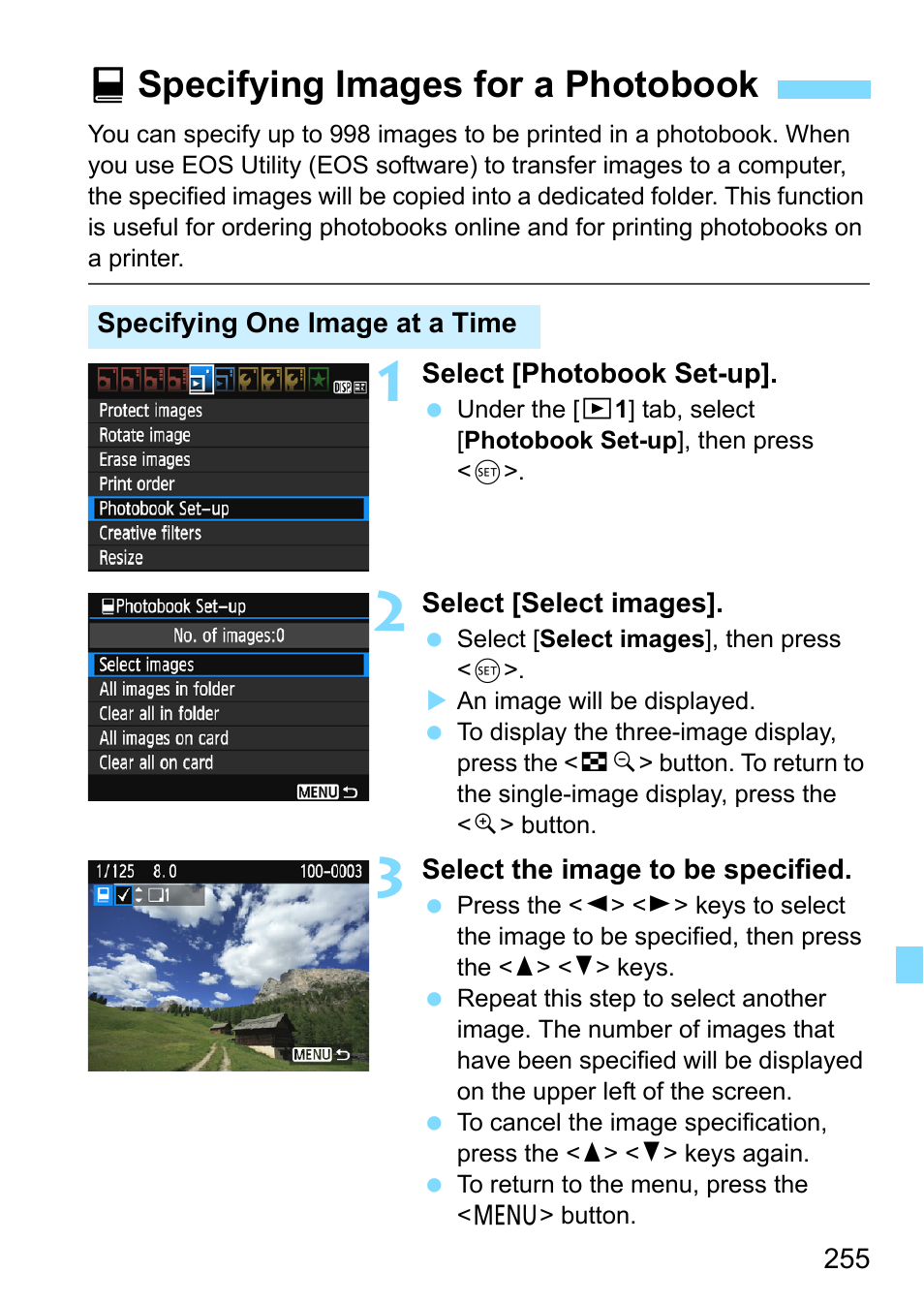 Specifying images for a photobook, P.255, Pspecifying images for a photobook | Canon EOS 1300D User Manual | Page 255 / 326