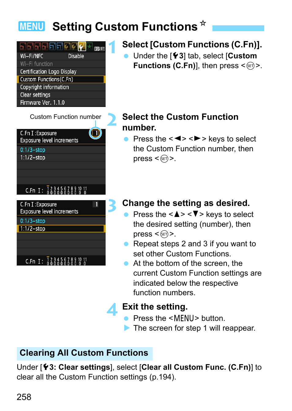 Setting custom functions, P.258, 3setting custom functions n | Canon EOS 1300D User Manual | Page 258 / 326