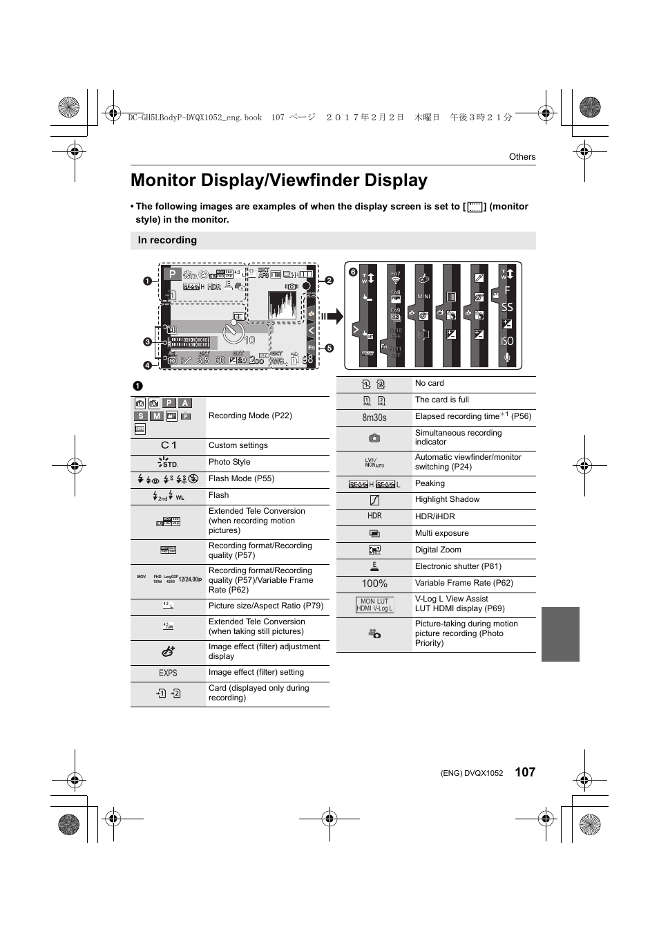Monitor display/viewfinder display, 8m30s, Iso ss ss ss ff | Exps, Others, Recording mode (p22) custom settings photo style, No card the card is full elapsed recording time | Panasonic Lumix GH5 User Manual | Page 107 / 128