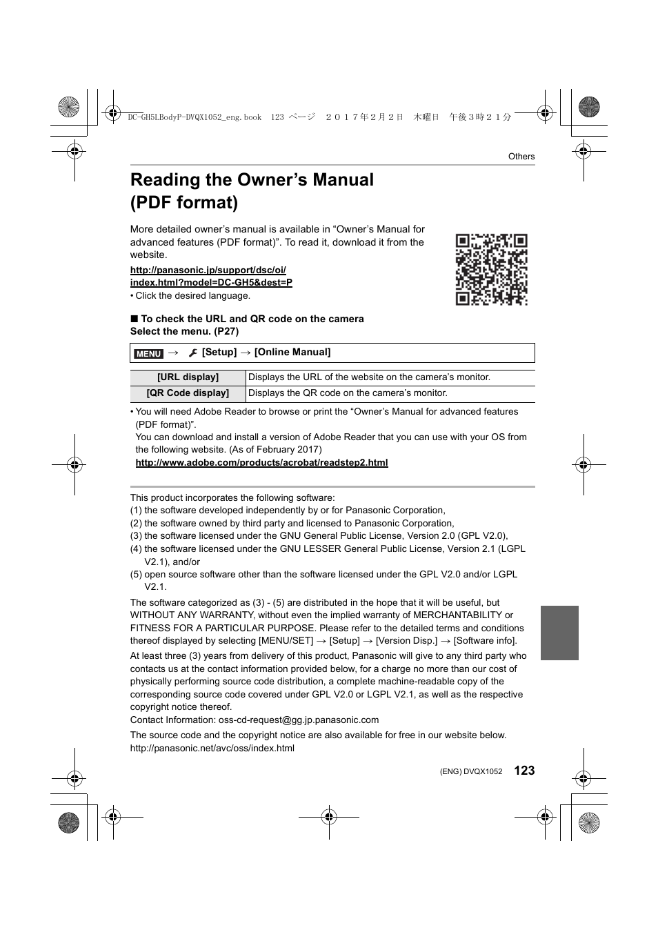 Reading the owner’s manual (pdf format) | Panasonic Lumix GH5 User Manual | Page 123 / 128