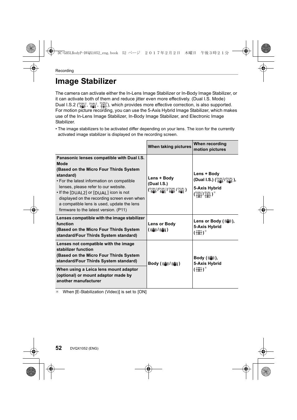 Image stabilizer | Panasonic Lumix GH5 User Manual | Page 52 / 128