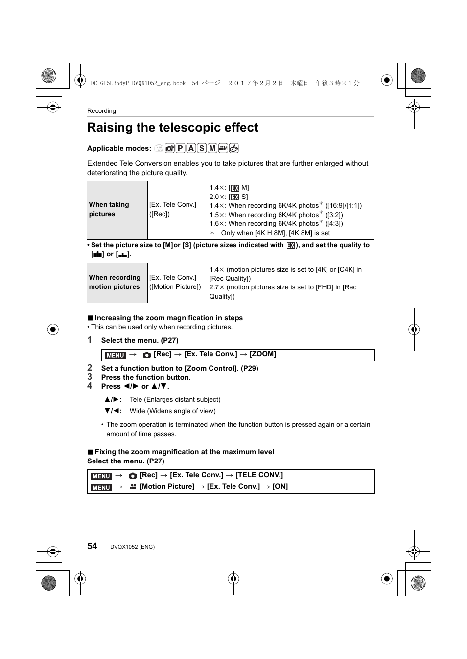 Raising the telescopic effect | Panasonic Lumix GH5 User Manual | Page 54 / 128