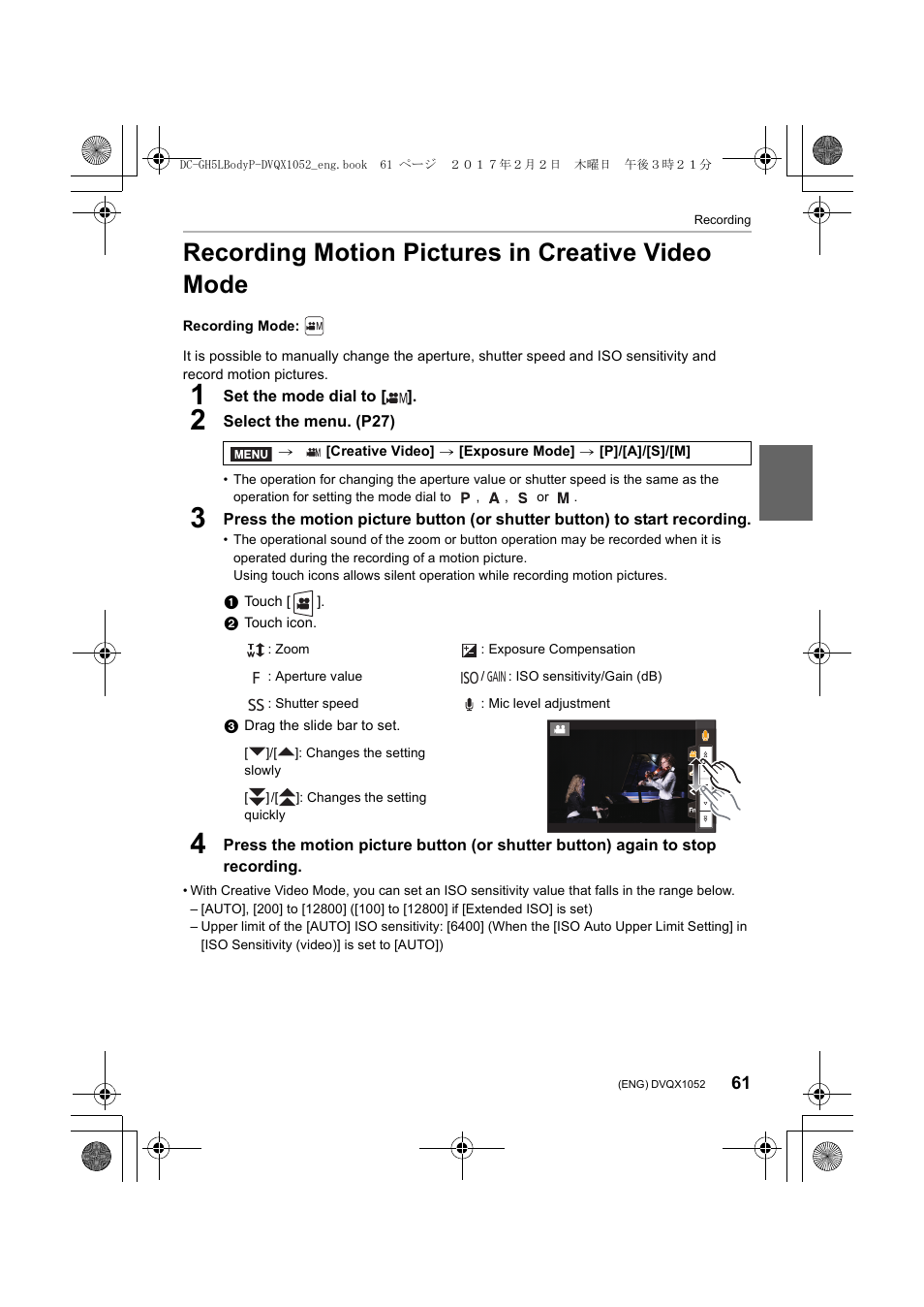 Recording motion pictures in creative video mode | Panasonic Lumix GH5 User Manual | Page 61 / 128