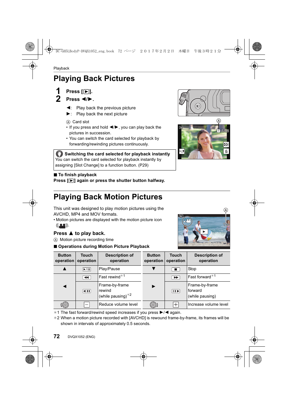 Playing back pictures, Playing back motion pictures | Panasonic Lumix GH5 User Manual | Page 72 / 128