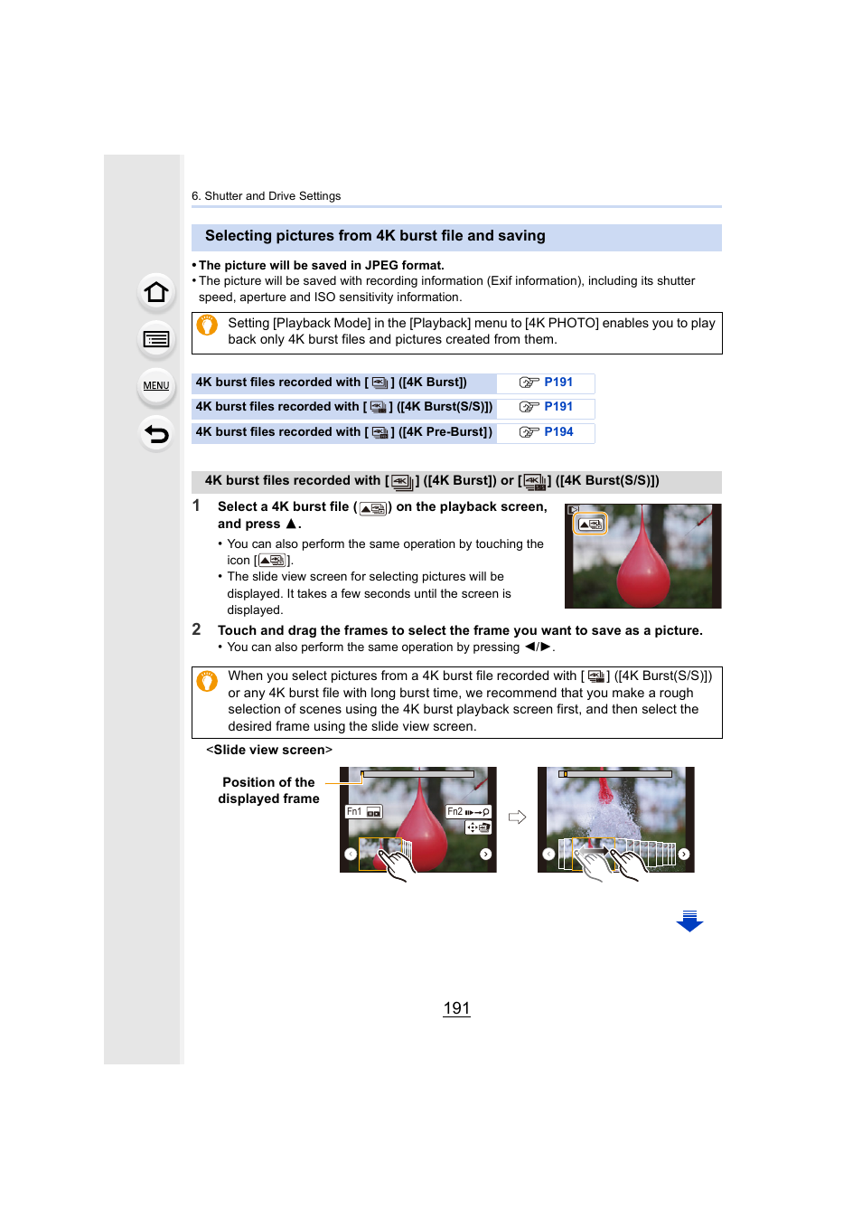 Selecting pictures from 4k burst file and saving, P191 | Panasonic Lumix DMC-G7 body User Manual | Page 191 / 411