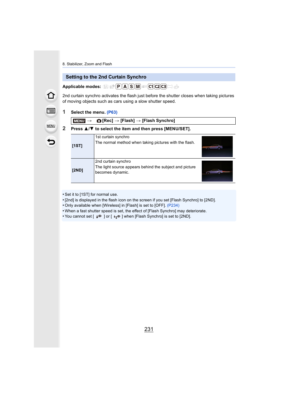 Setting to the 2nd curtain synchro, P231 | Panasonic Lumix GX8 User Manual | Page 231 / 403