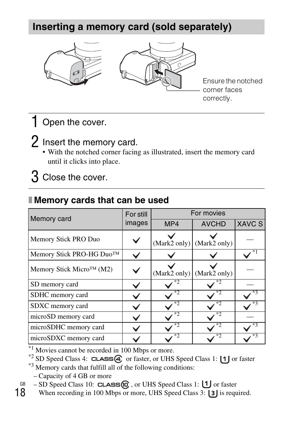 Inserting a memory card (sold separately), Open the cover, Close the cover | Sony Alpha 6300 User Manual | Page 18 / 48