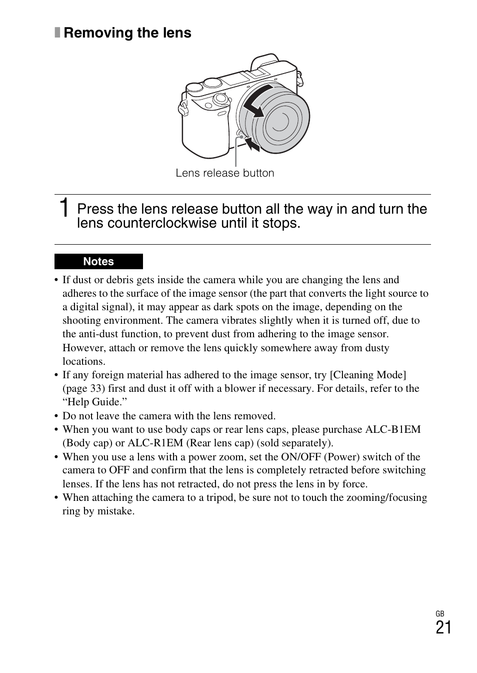 Xremoving the lens | Sony Alpha 6300 User Manual | Page 21 / 48