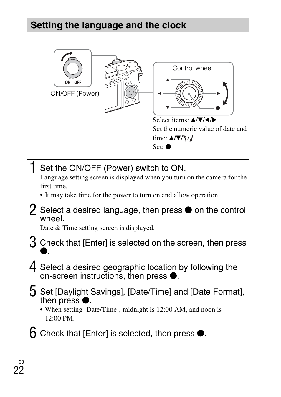 Setting the language and the clock | Sony Alpha 6300 User Manual | Page 22 / 48