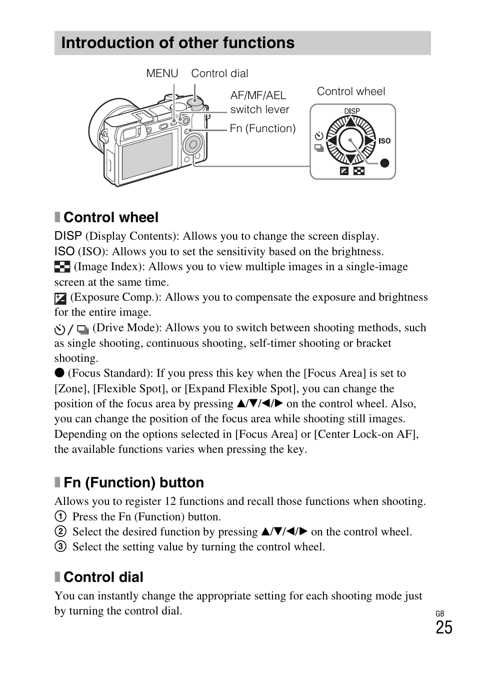 Introduction of other functions, P. 25, Xcontrol wheel | Xfn (function) button, Xcontrol dial | Sony Alpha 6300 User Manual | Page 25 / 48