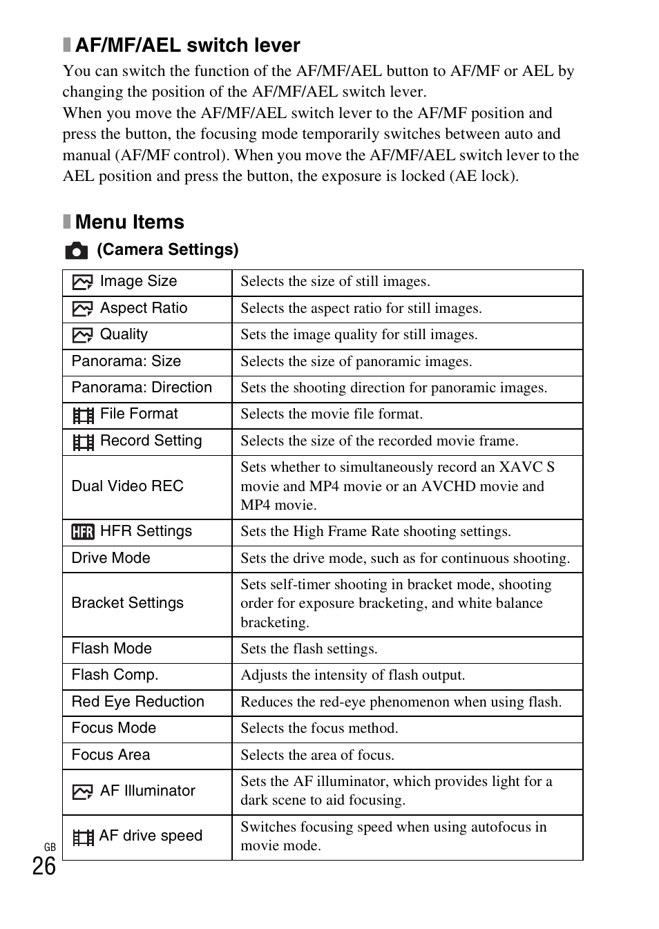 Xaf/mf/ael switch lever, Xmenu items | Sony Alpha 6300 User Manual | Page 26 / 48